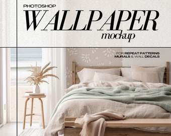 Mockup PSD per carta da parati, adesivi murali e murales per interni di camere da letto in stile costiero con motivi ripetuti.