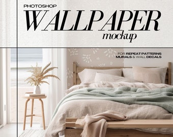 PSD Wallpaper Mockup Coastal Bedroom Interior Wall Decal and Mural Mockups for Repeat Patterns