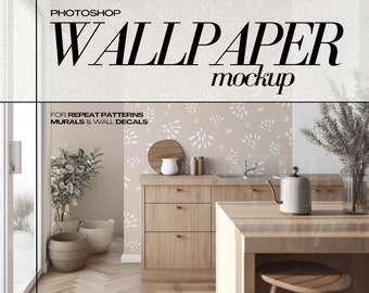 PSD Wallpaper Mockup Kitchen Interior Wall Decal and Mural Mockups for Repeat Patterns