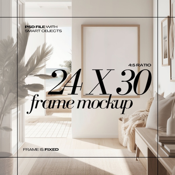 24x30 Frame Mockup Coastal Style 4x5 Frames Home Interior Mock up PSD Poster for Wall Art