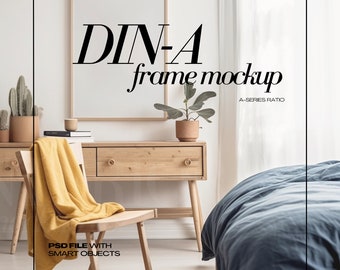 DIN A2 Frame Mockup PSD Vertical Wooden Frames Mock up for Art Print Colorful Bedroom Interior Scene