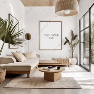 Verticale Frame Boho Frame Mockup Lege Muur Kunst PSD-sjabloon Neutrale Poster Moderne Woonkamer