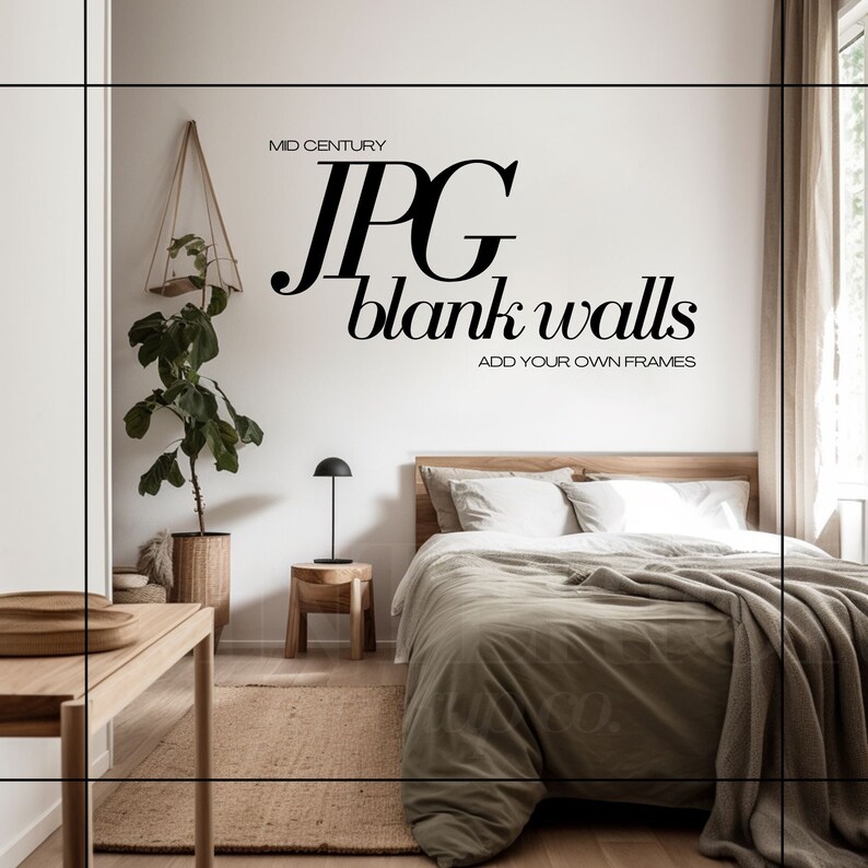Może przedstawiać: Sypialnia z ł&oacute;żkiem, stolikiem nocnym, lampą, rośliną i ławką. Ściana jest biała i ma napis "JPG blank walls ADD YOUR OWN FRAMES".