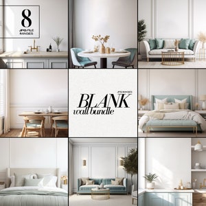 May include: A set of 8 blank wall mockup images featuring different interior design styles. The images show a variety of rooms, including a kitchen, dining room, living room, and bedroom. Each image features a blank wall that is perfect for showcasing your artwork, photos, or other decor.