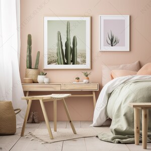 Pink Bedroom Blank Wall Art Interior Mockup Styled Master Bedroom Pastel Stock Image, Magazine Style Room