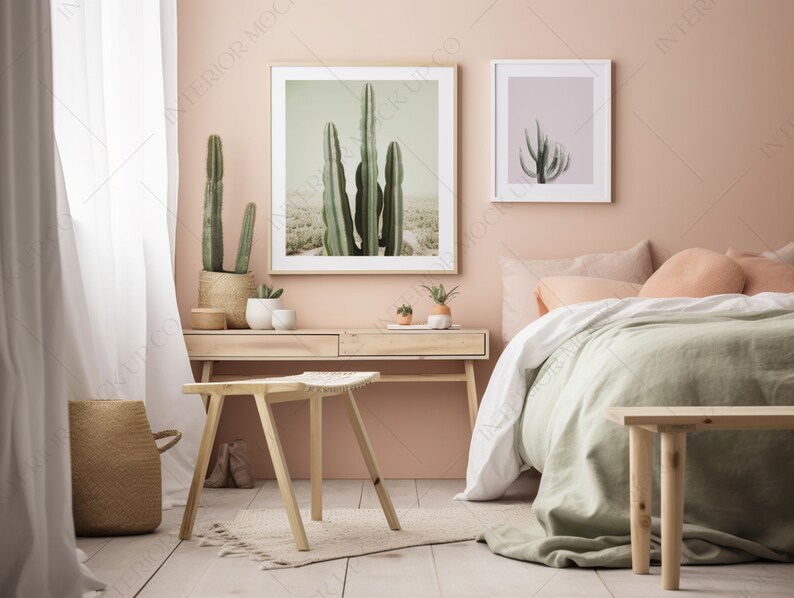 Pink Bedroom Blank Wall Art Interior Mockup Styled Master Bedroom Pastel Stock Image, Magazine Style Room