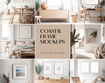 May include: A collection of coastal-themed frame mockups. The image showcases various interior settings, including a dining area, bedroom, and living room, each featuring framed artwork. The frames are displayed on walls, desks, and dressers. Text on the image reads "COASTAL FRAME MOCKUPS".