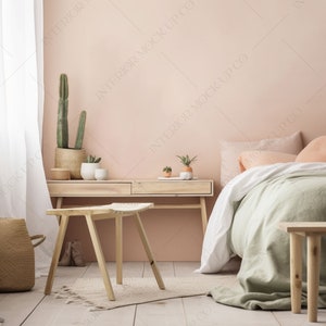 boho interior Pink Bedroom Blank Wall Art Interior Mockup Styled Master Bedroom Pastel Stock Image, Magazine Style Room