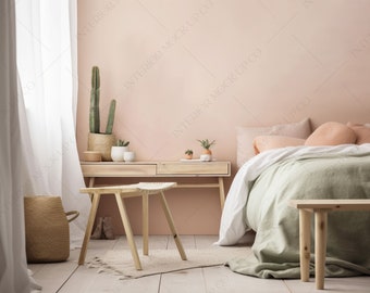 May include: A bedroom with a light pink wall, a white sheer curtain, a bed with a white and green duvet, a wooden stool, and a wooden side table with plants.