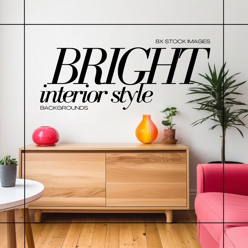 May include: A light wood cabinet with two doors and a pink vase on top. The cabinet is in front of a white wall with the text "BRIGHT interior style BACKGROUNDS" on it. There is a green plant in a pot on the right side of the image.