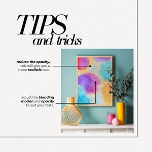 May include: An interior design scene featuring a framed watercolor painting with colorful abstract shapes. A yellow vase, a pink candle, and a decorative sphere sit on a white shelf. Text reads "TIPS and tricks".