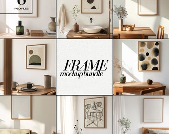 Modern Frame Mockup Bundle PSD Japandi Interior Style Wooden Frames Mock up Set for Wall Art