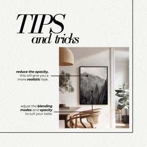 May include: A black and white photo of a forest scene hangs on a wall in a modern living room. The photo is framed in a black frame. The room has a wooden table with two chairs, a potted plant, and a wicker pendant light.