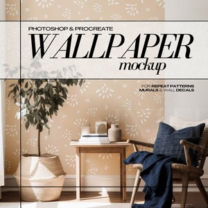 May include: A mockup of a wallpaper design featuring a white abstract pattern on a light peach background. The wallpaper is displayed in a living room setting with a chair, a side table, and a potted plant.