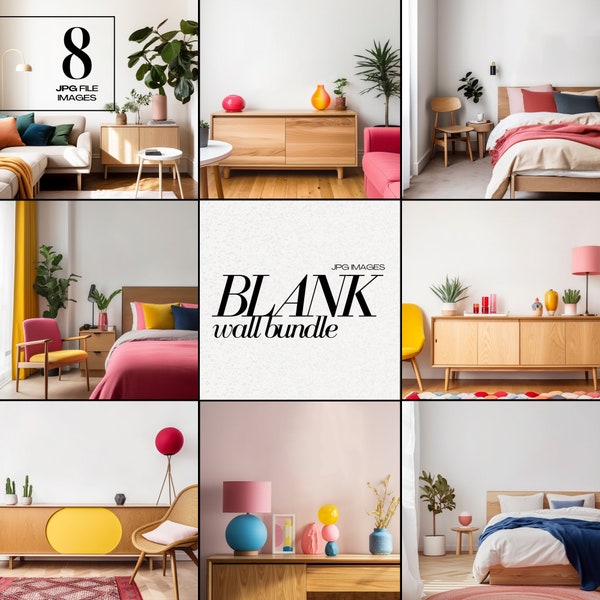 Colorful JPG Interior Mockup Bundle Bright Modern Decor Blank Wall Art Stock Image Colourful