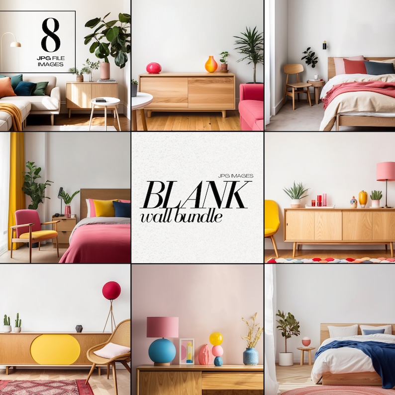 May include: A set of 8 blank wall images for interior design. The images feature a variety of rooms with different furniture and decor, including a bedroom, living room, and dining room. The walls are all blank, making them perfect for adding your own personal touch.