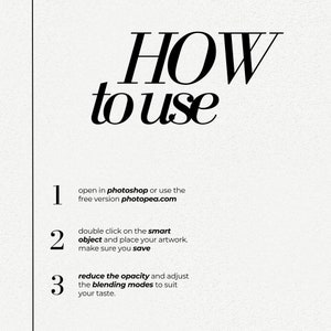 以下が含まれることがあります： 黒色の「HOW to use」というテキストを含むグラフィック。手順は1〜3で番号付けされており、PhotoshopまたはPhotopeaでデザイン要素を使用する方法を説明しています。不透明度とブレンドモードの調整を含みます。