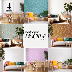 May include: A mockup bundle of four different wallpaper designs. The designs feature various patterns in shades of green, blue, brown, and pink. The mockups show the wallpaper in different living room settings with furniture and plants.