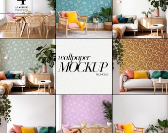 PSD Bright Wallpaper Mockup Bundle Blank Wall Interior Room Mural Mock Up for Surface Pattern Design