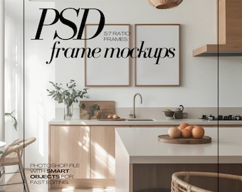 May include: A kitchen interior featuring wooden cabinets, a white countertop, and two framed mockups on the wall. The image includes text that reads "PSD frame mockups" and "Photoshop file with smart objects for fast editing."
