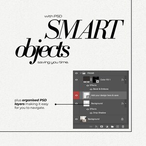May include: Image of a Photoshop interface with the words "SMART objects" and "saving you time." The interface shows organized PSD layers, with the text "Add your design here & save."
