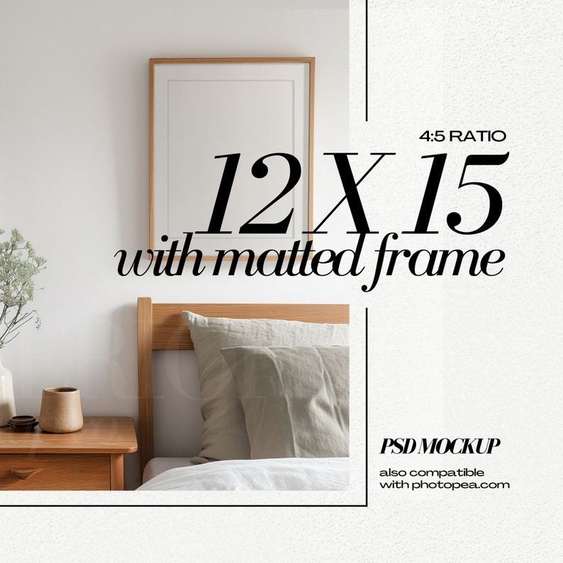 16x20 Frame Mockup PSD Modern Bedroom 4x5 Ratio Wood Frames Mock Up with 12x15 Mat image 5