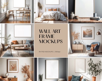 May include: Eight mockups of wall art frames in various rooms with different decor. The frames are empty and ready for your artwork. The mockups are high-resolution and perfect for showcasing your art.