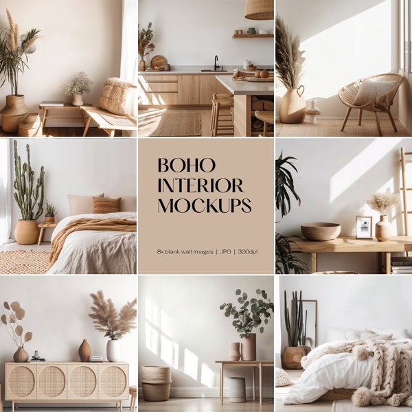 Boho Interior Room Mockup Bundle Blank Wall Art Stock Image Modern Decor Empty Wall Mock Up