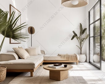 Boho Blank Wall Art Mockup Modern Living Room Home Interior Mock Up Stock Image Background