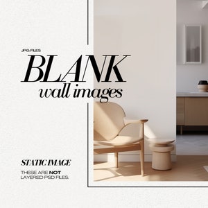 Pu&ograve; includere: Una poltrona beige con gambe in legno si trova in una stanza con una parete bianca e un pavimento in legno. Il testo "BLANK wall images" &egrave; visualizzato sul lato sinistro dell'immagine. Il testo "STATIC IMAGE THESE ARE NOT LAYERED PSD FILES." &egrave; visualizzato in basso a sinistra dell'immagine.