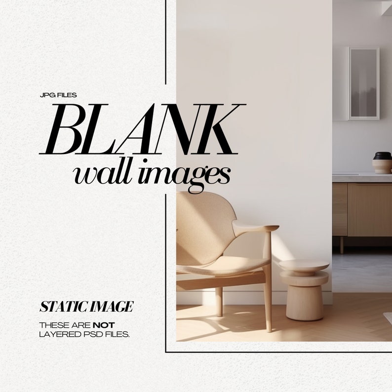 Pu&ograve; includere: Una poltrona beige con gambe in legno si trova in una stanza con una parete bianca e un pavimento in legno. Il testo "BLANK wall images" &egrave; visualizzato sul lato sinistro dell'immagine. Il testo "STATIC IMAGE THESE ARE NOT LAYERED PSD FILES." &egrave; visualizzato in basso a sinistra dell'immagine.