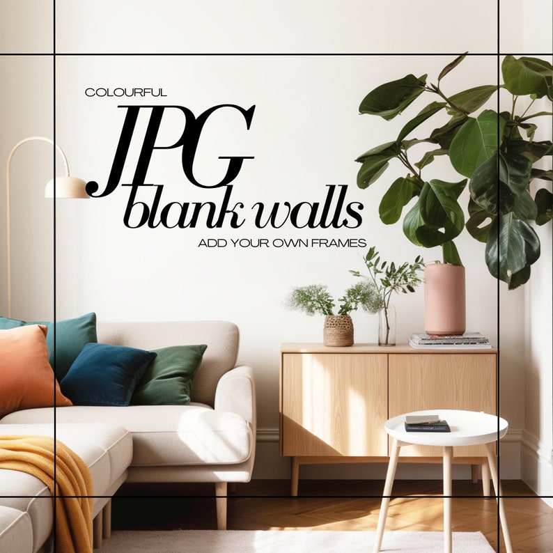 May include: A white sectional sofa with orange, teal, and green throw pillows in a living room with a wooden cabinet, a small white side table, and a large potted plant. The text "COLOURFUL JPG blank walls ADD YOUR OWN FRAMES" is on the wall.