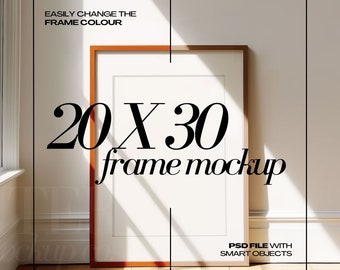 May include: A vertical frame mockup with a brown frame and white matting. The text "20 X 30 frame mockup" is displayed in large, bold font. Additional text reads "EASILY CHANGE THE FRAME COLOUR" and "PSD FILE WITH SMART OBJECTS". The frame measures 20 x 30 inches.
