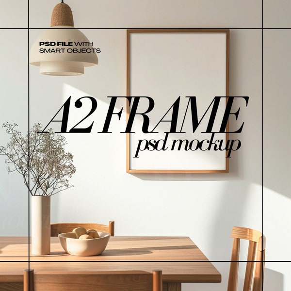 Maquette de cadre DIN A2 PSD Cadres en bois verticaux pour impression artistique, intérieur de salle à manger moderne