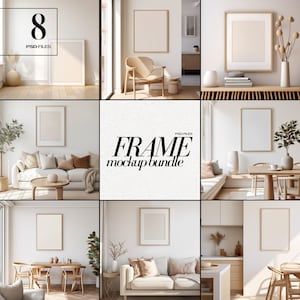 Puede incluir: Una colección de ocho maquetas de escenas de interiores con arte enmarcadas en varios entornos. Las escenas incluyen salones, comedores y una cocina, todas con paletas de colores neutros. El texto "FRAME mockup bundle" se muestra en el centro.