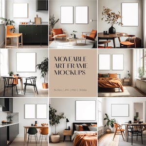 Puede incluir: Nueve maquetas de interiores con marcos de arte en blanco en varios entornos. Las escenas incluyen salones, dormitorios y comedores, mostrando los marcos en diferentes tamaños y disposiciones. El texto "MOVEABLE ART FRAME MOCKUPS" también es visible.