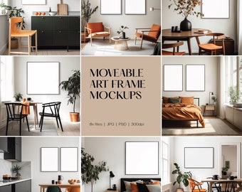 May include: A collection of nine interior mockups featuring blank art frames in various settings. The scenes include living rooms, bedrooms, and dining areas, showcasing the frames in different sizes and arrangements. The text "MOVEABLE ART FRAME MOCKUPS" is also visible.