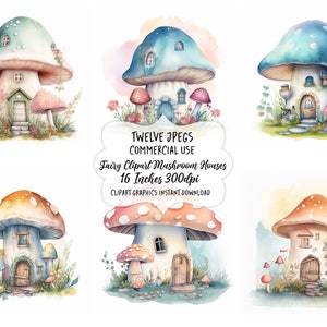 Fairy Watercolor Clipart Mushroom House, Toadstool Fairy Clip Art, Fantasy Clipart Bundle, Junk Journal, Scrapbook, Digital Download, Images image 8