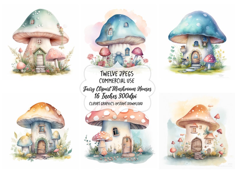 Fairy Watercolor Clipart Mushroom House, Toadstool Fairy Clip Art, Fantasy Clipart Bundle, Junk Journal, Scrapbook, Digital Download, Images image 8