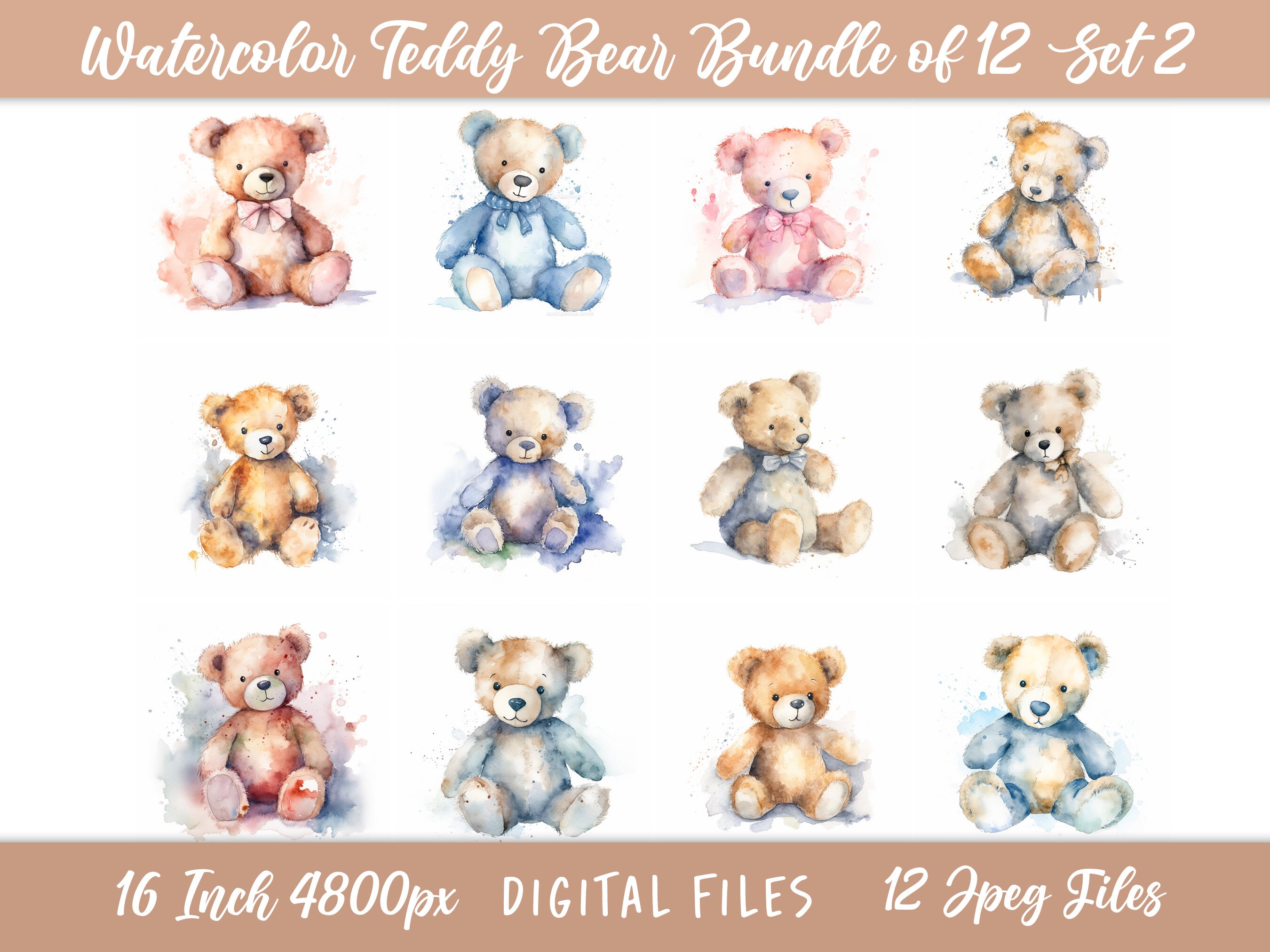 Watercolor Teddy Bear Baby Shower Digital Paper Craft Nursery Art ...