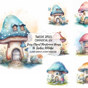 Fairy Watercolor Clipart Mushroom House, Toadstool Fairy Clip Art, Fantasy Clipart Bundle, Junk Journal, Scrapbook, Digital Download, Images image 2