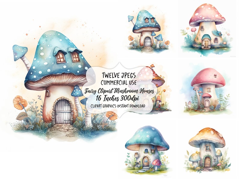 Fairy Watercolor Clipart Mushroom House, Toadstool Fairy Clip Art, Fantasy Clipart Bundle, Junk Journal, Scrapbook, Digital Download, Images image 2