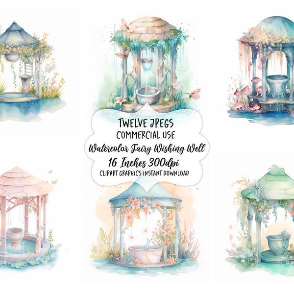 Watercolor Wishing Well Clipart, Fairies Garden Clip Art, Digital Download, Commercial Use, Nursery Art, Card Craft, Junk Journal, Scrapbook