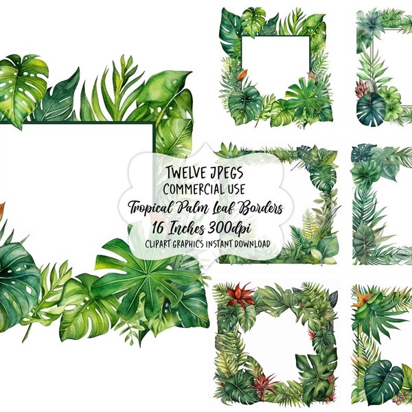 Palm Leaf Border Clipart, Greenery Borders Clip Art, Card Making, Scrapbooking, Junk Journal, Digital Mixed Media, Jungle, Rainforest, Image