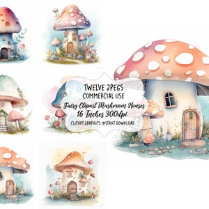 Fairy Watercolor Clipart Mushroom House, Toadstool Fairy Clip Art, Fantasy Clipart Bundle, Junk Journal, Scrapbook, Digital Download, Images image 6