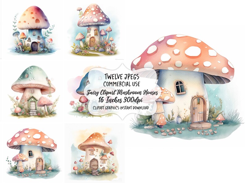 Fairy Watercolor Clipart Mushroom House, Toadstool Fairy Clip Art, Fantasy Clipart Bundle, Junk Journal, Scrapbook, Digital Download, Images image 6