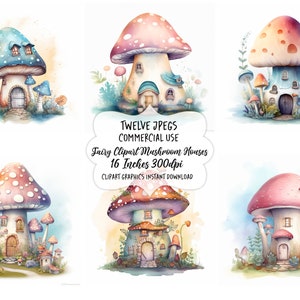 Fairy Watercolor Clipart Mushroom House, Toadstool Fairy Clip Art, Fantasy Clipart Bundle, Junk Journal, Scrapbook, Digital Download, Images image 9