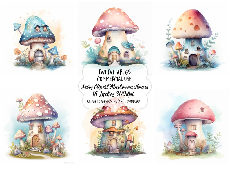 Fairy Watercolor Clipart Mushroom House, Toadstool Fairy Clip Art, Fantasy Clipart Bundle, Junk Journal, Scrapbook, Digital Download, Images image 9