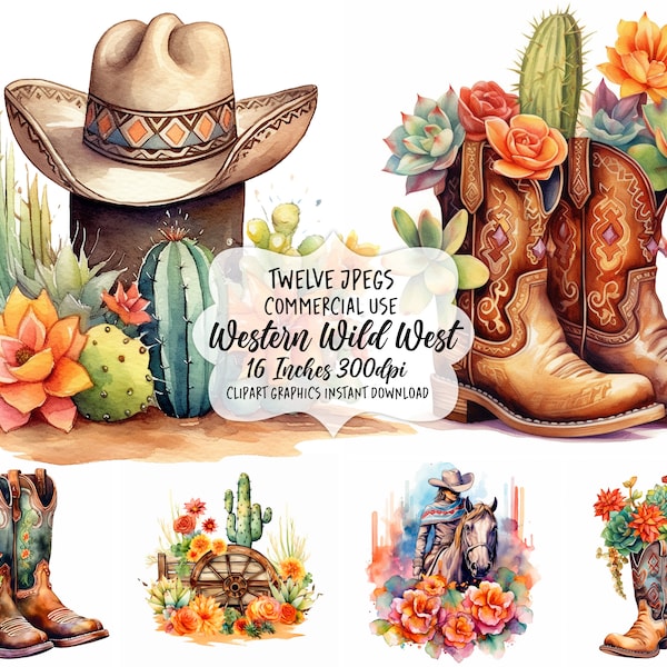 Watercolor Western Clipart, Wild West, Texas Cowboy, Printable Art, Instant Download, Commercial Use, Card Making, Wall Art, Crafting