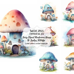 Fairy Watercolor Clipart Mushroom House, Toadstool Fairy Clip Art, Fantasy Clipart Bundle, Junk Journal, Scrapbook, Digital Download, Images image 5